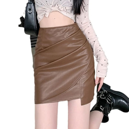 High Rise Plain Ruched Asymmetrical Faux Leather Mini