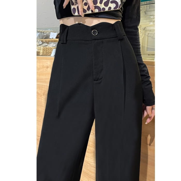 High Rise Plain Scallop Edge Wide Leg Pants