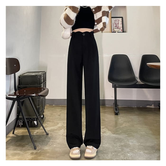 High Rise Plain Scallop Edge Wide Leg Pants