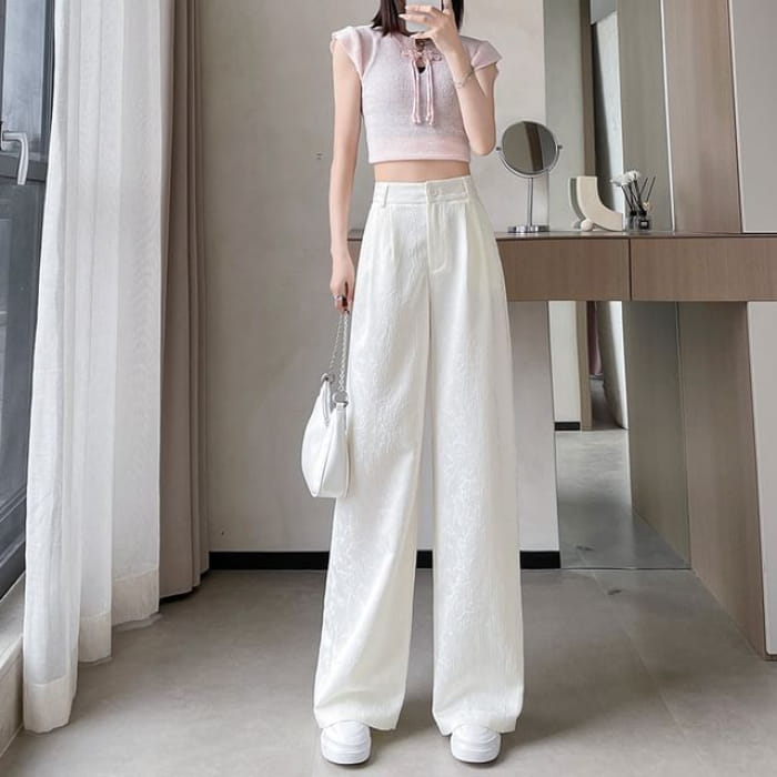 High Rise Plain Shirred Wide Leg Pants - Cropped Edition