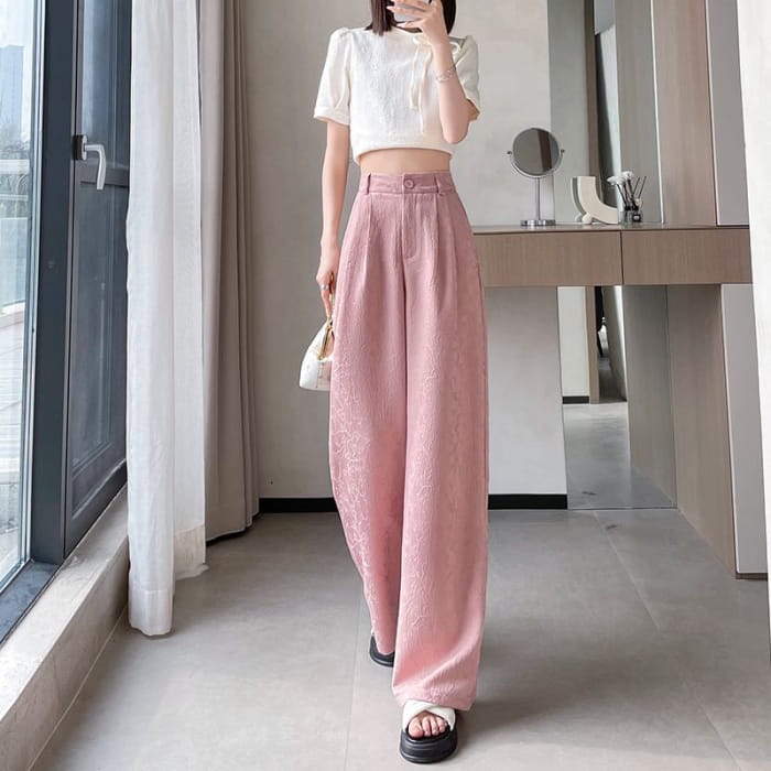 High Rise Plain Shirred Wide Leg Pants - Cropped Edition