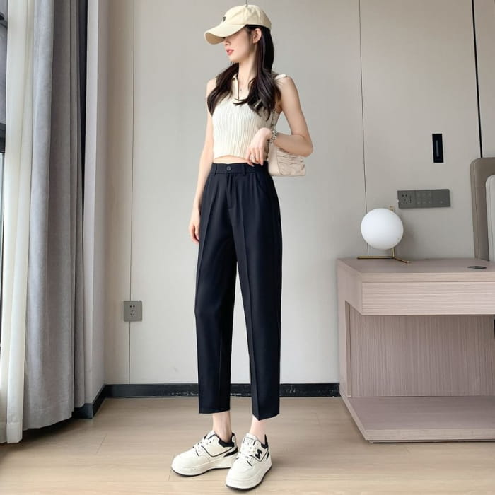 High-Rise Plain Straight Leg Suit Pants