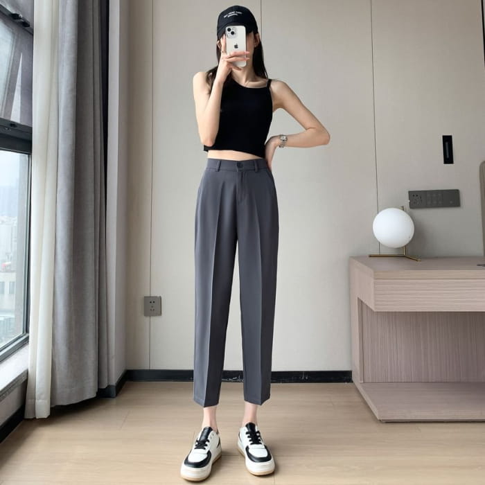 High-Rise Plain Straight Leg Suit Pants