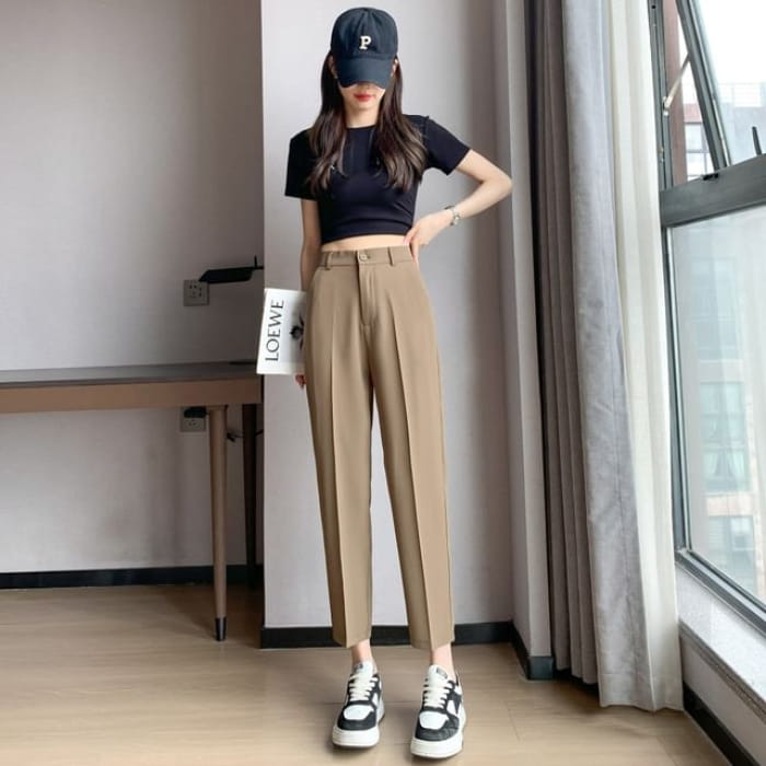 High-Rise Plain Straight Leg Suit Pants - Ankle - Coffee