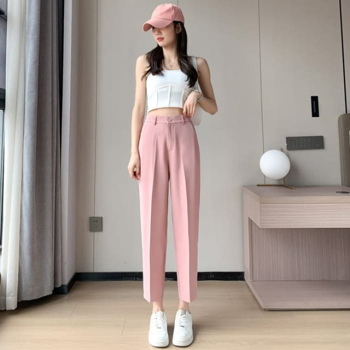 High-Rise Plain Straight Leg Suit Pants - Ankle - Pink / XS