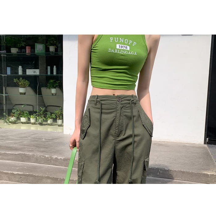 High Rise Plain Wide Leg Cargo Pants