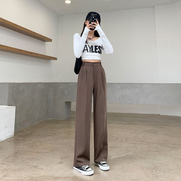 High Rise Plain Wide Leg Suit Pants - Long Edition - Coffee