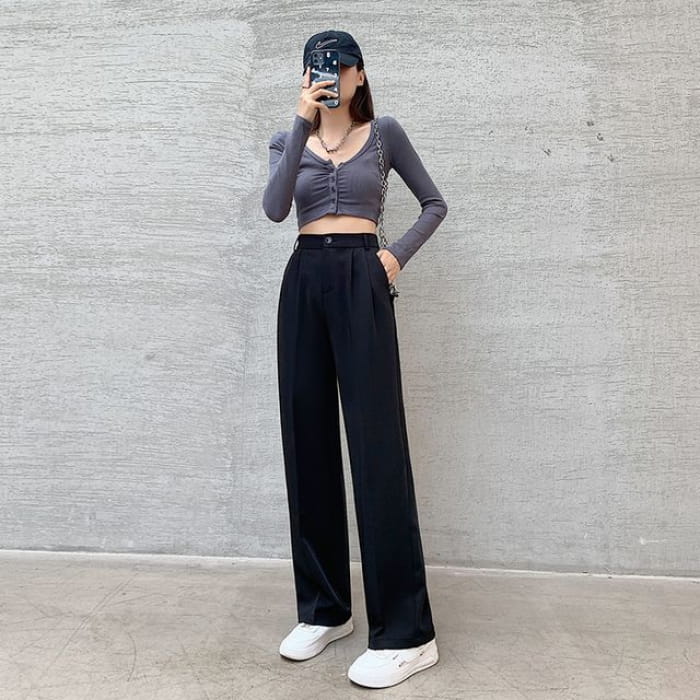 High Rise Plain Wide Leg Suit Pants - Normal Edition