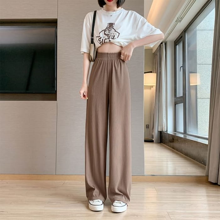 High Rise Rib Wide Leg Plain Sweatpants - Coffee / S