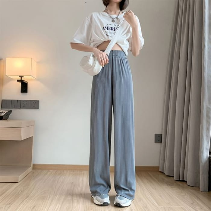 High Rise Rib Wide Leg Plain Sweatpants - Gray / S