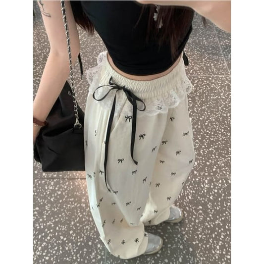 High Rise Ribbon Print Wide Leg Pants