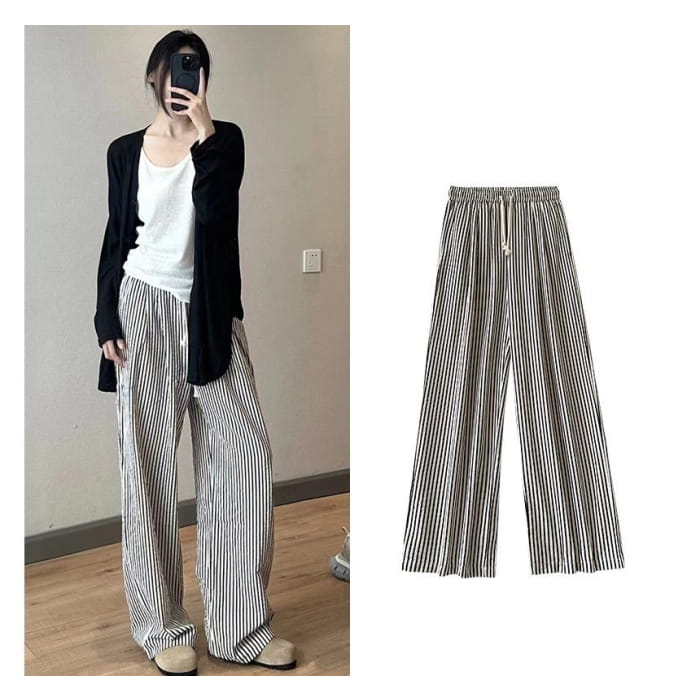 High Rise Striped Printed Wide Leg Drawstring Sweatpants