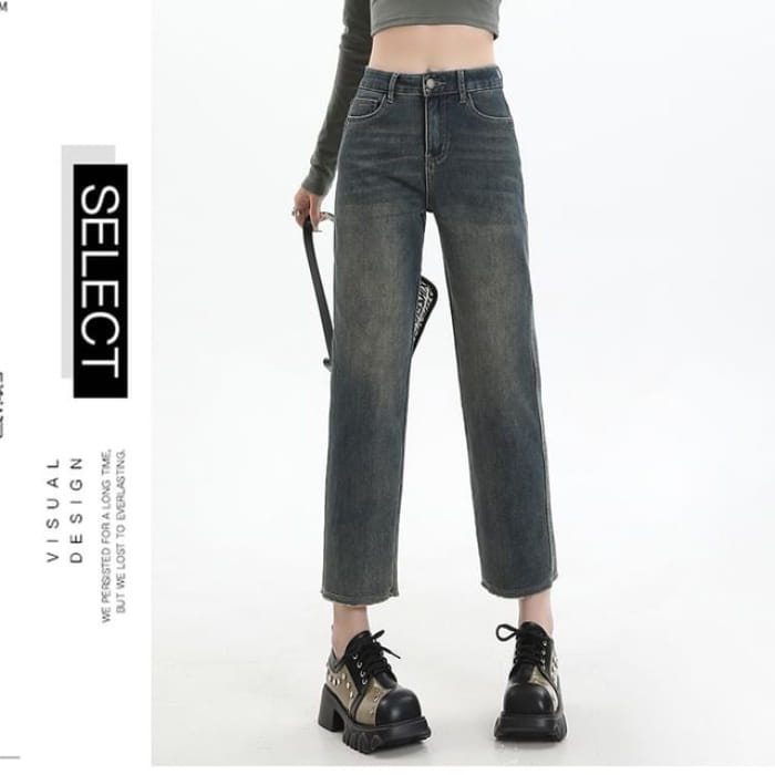 High Rise Washed Cropped Straight Leg Jeans - Dark Blue