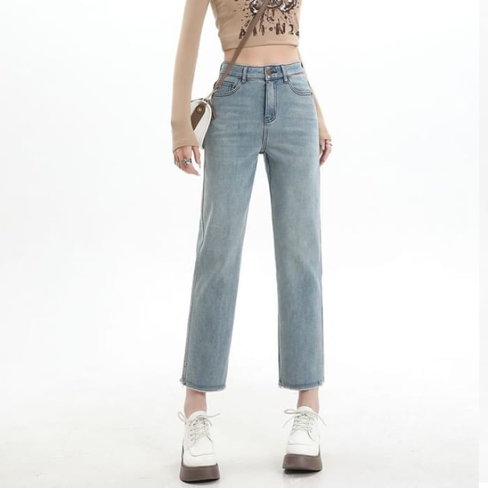 High Rise Washed Cropped Straight Leg Jeans - Light Blue