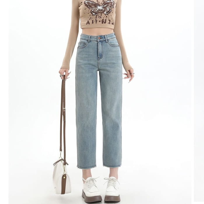 High Rise Washed Cropped Straight Leg Jeans - Pants