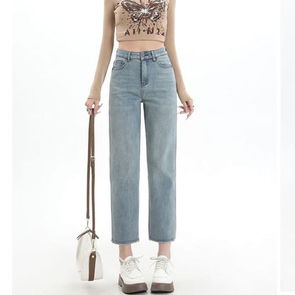 High Rise Washed Cropped Straight Leg Jeans - Pants