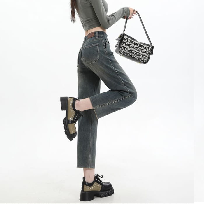 High Rise Washed Cropped Straight Leg Jeans - Pants