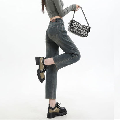 High Rise Washed Cropped Straight Leg Jeans - Pants