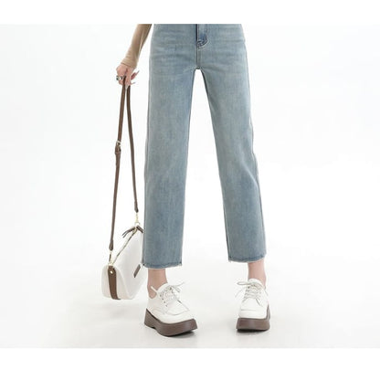 High Rise Washed Cropped Straight Leg Jeans - Pants