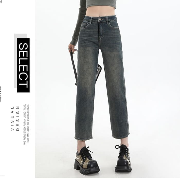 High Rise Washed Cropped Straight Leg Jeans - Pants