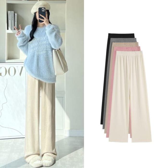 High Rise Wide Leg Plain Knit Sweatpants