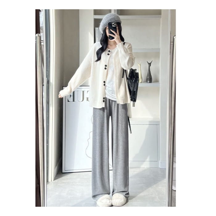 High Rise Wide Leg Plain Knit Sweatpants