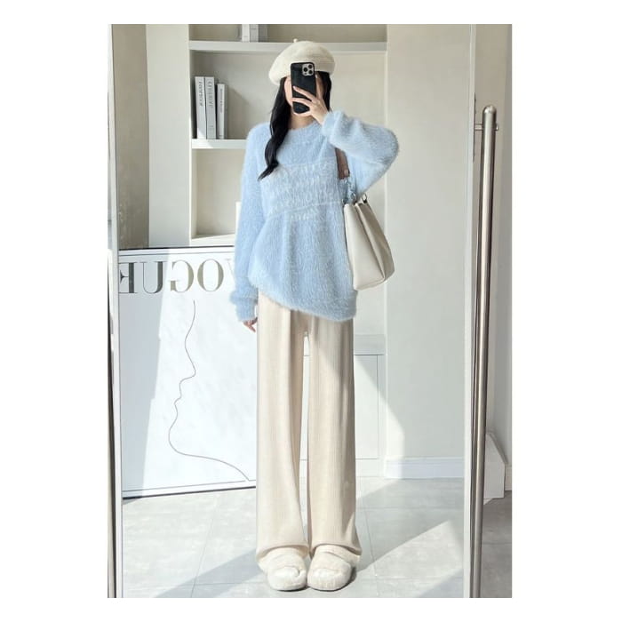 High Rise Wide Leg Plain Knit Sweatpants