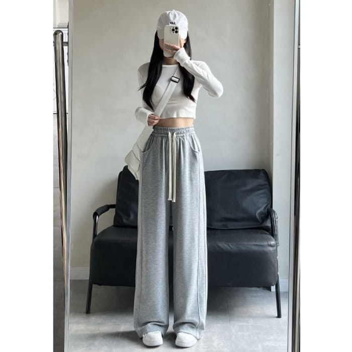 High Rise Wide Leg Plain Sweatpants