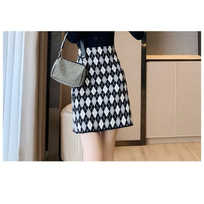 High Waist Argyle Knit Mini