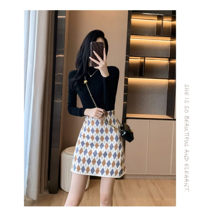 High Waist Argyle Mini