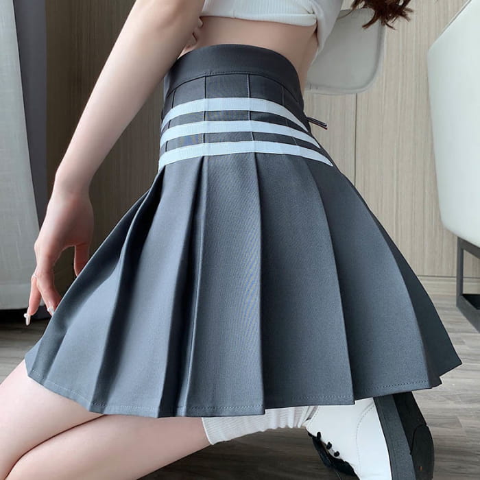 High Waist Casual Pleated Skirt - Grey / S