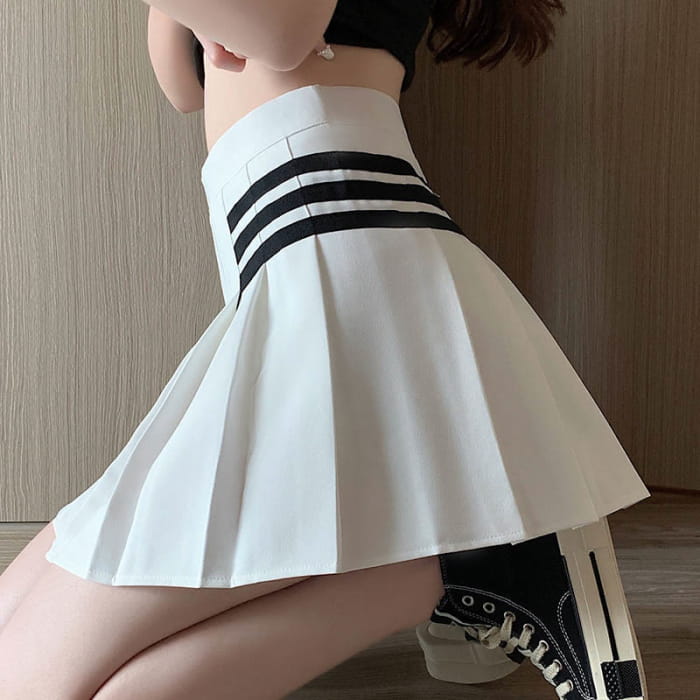 High Waist Casual Pleated Skirt - White / S