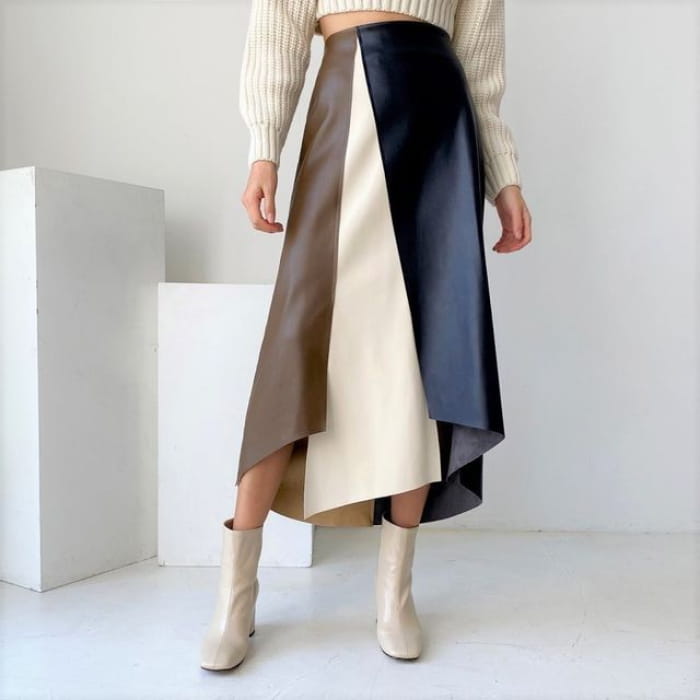 High Waist Color Block Faux Leather Midi A-Line Skirt