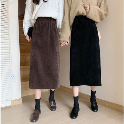 High Waist Corduroy Midi A-Line Skirt