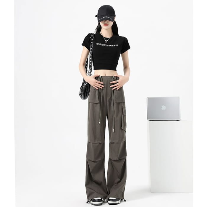 High Waist Drawstring Pocket Parachute Cargo Pants