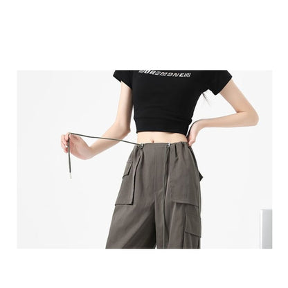 High Waist Drawstring Pocket Parachute Cargo Pants