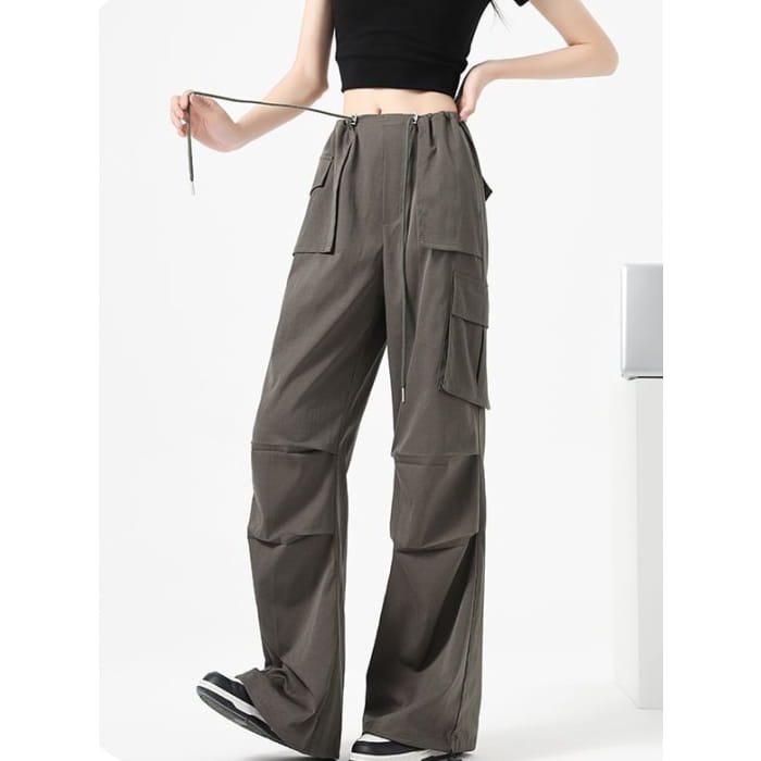 High Waist Drawstring Pocket Parachute Cargo Pants