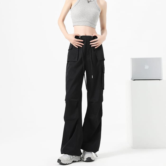 High Waist Drawstring Pocket Parachute Cargo Pants