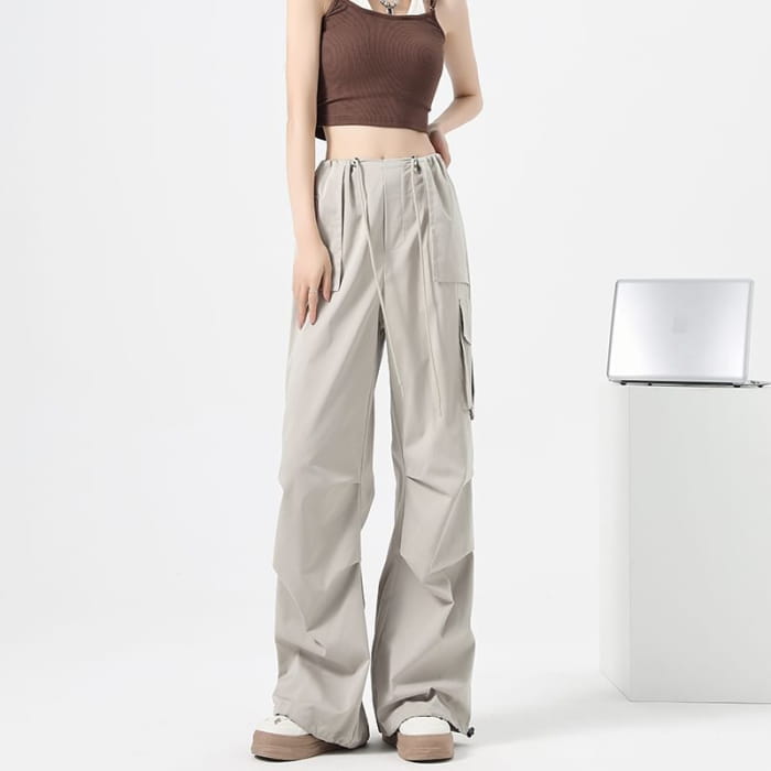 High Waist Drawstring Pocket Parachute Cargo Pants