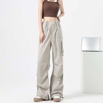 High Waist Drawstring Pocket Parachute Cargo Pants