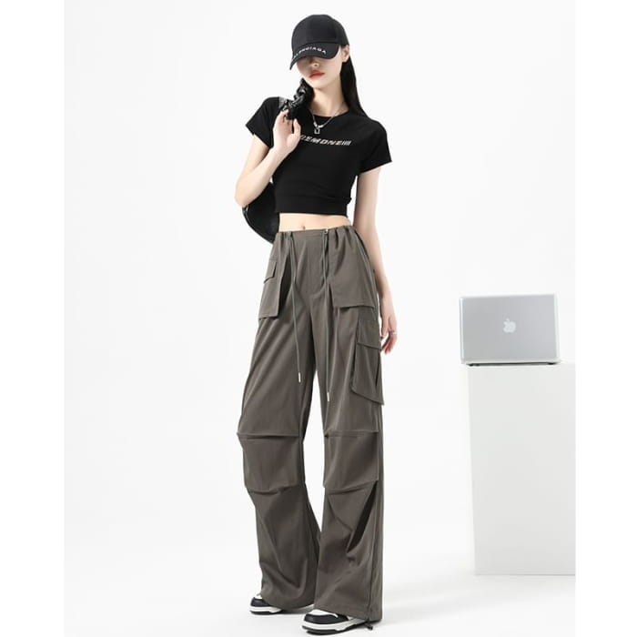 High Waist Drawstring Pocket Parachute Cargo Pants