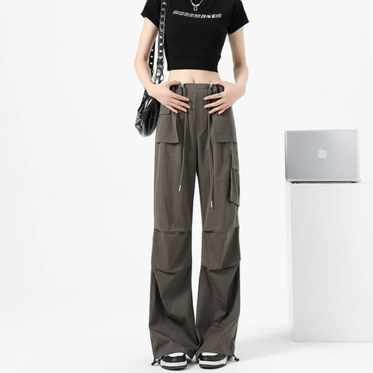 High Waist Drawstring Pocket Parachute Cargo Pants