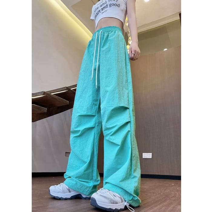 High Waist Drawstring Pocket Plain Wide Leg Gather Cuff