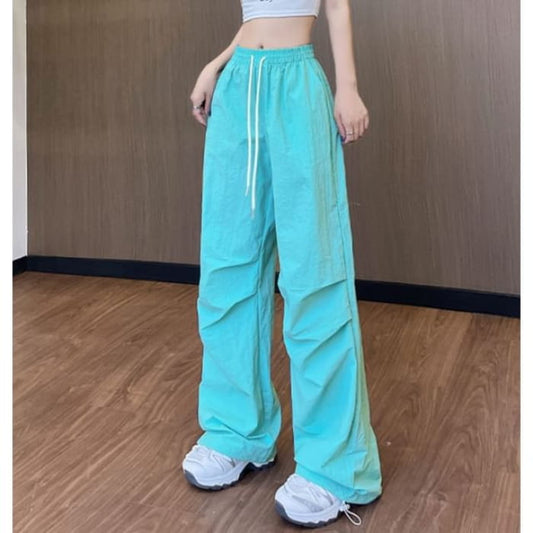 High Waist Drawstring Pocket Plain Wide Leg Gather Cuff