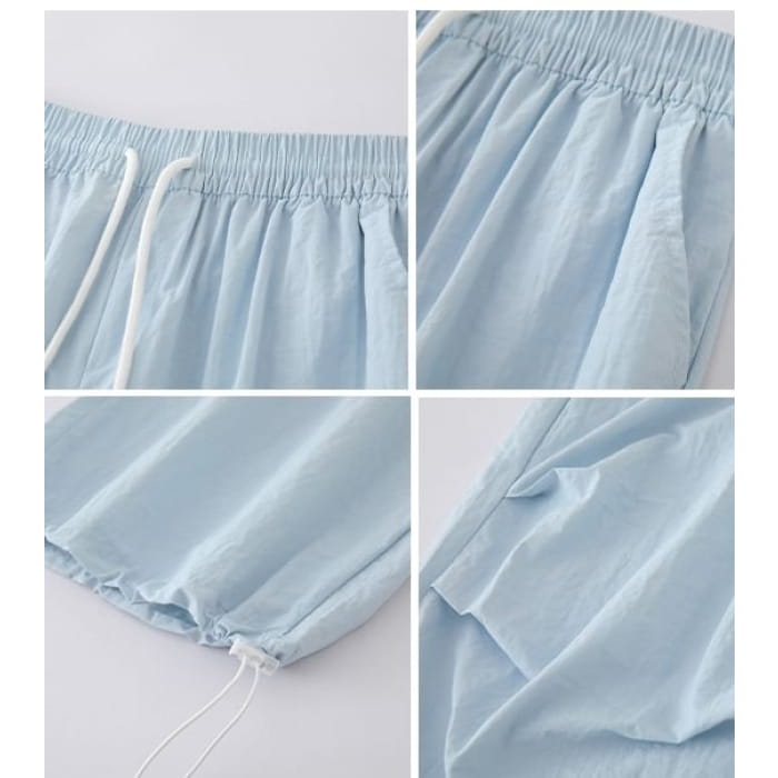 High Waist Drawstring Pocket Plain Wide Leg Gather Cuff