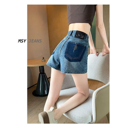 High Waist Embroidered Applique Denim Hot Pants