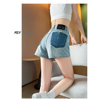 High Waist Embroidered Applique Denim Hot Pants