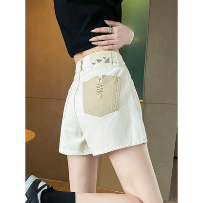 High Waist Embroidered Applique Denim Hot Pants