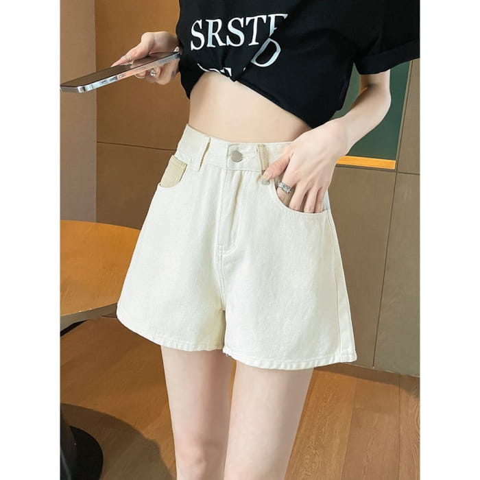 High Waist Embroidered Applique Denim Hot Pants