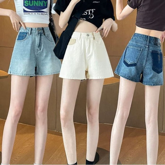 High Waist Embroidered Applique Denim Hot Pants